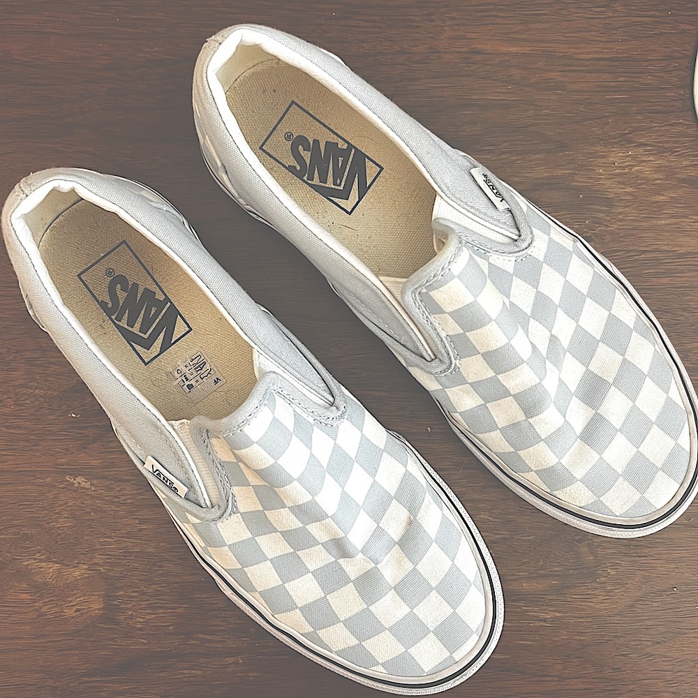 Vans blue and white checkered slip-on.